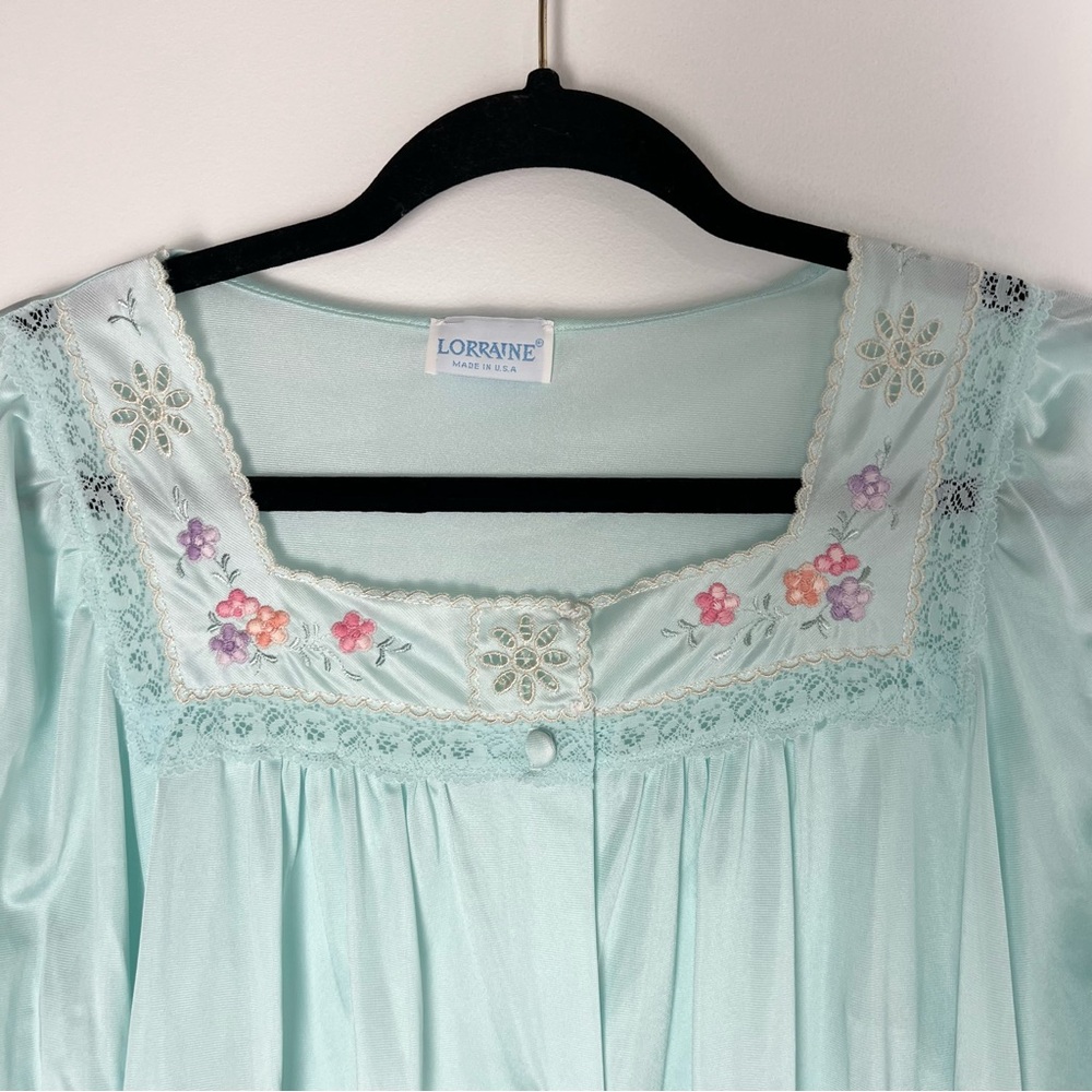 Vintage Lorraine Nightgown Robe Women's Sz Med Floral Lace Embroidered Green USA - Picture 2 of 10